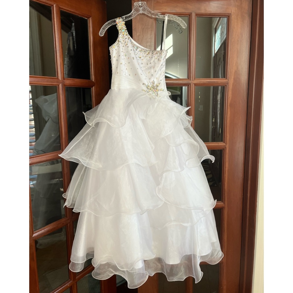 MacDuggal one shoulder girls pageant dress